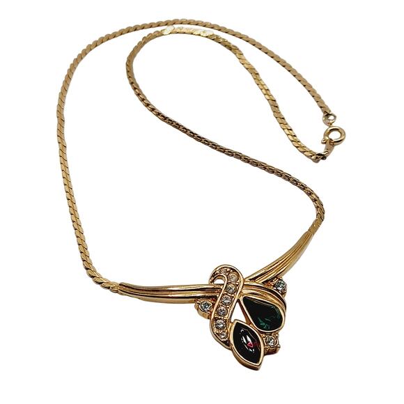 Vintage 1980s Rhinestone Necklace – Purple Green Clear Stones, 16" Pendant Chain - Picture 4 of 8